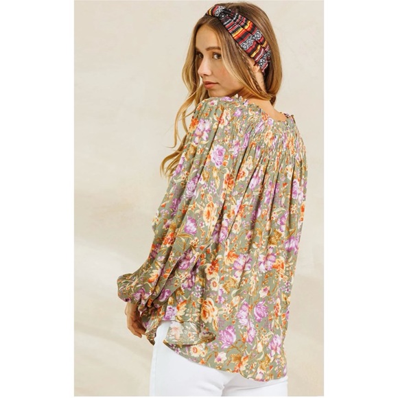 GREEN LONG SLEEVE OFF SHOULDER SMOCK FLORAL TUNIC TOP - Picture 2 of 3